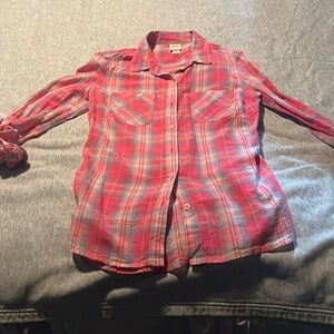 Pink and blue plaid long sleeve button down top.